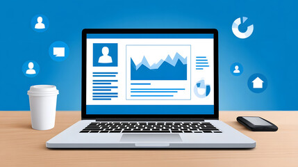 A laptop computer displaying detailed business analytics, charts, and data visualizations on the screen, set on a desk with a coffee cup.