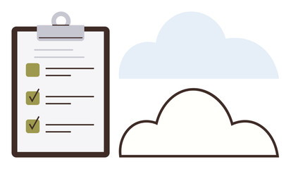 Task checklist on clipboard with completed items beside cloud design. Ideal for workflow, productivity, cloud storage, technology, task management, planning, organization. Simple flat metaphor