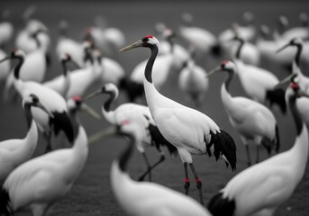 Flock of redcrowned cranes in a field, one crane in sharp focus in the foreground