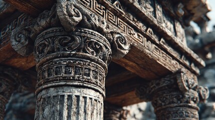 Ancient stone ruins architectural detail with intricate carvings close up shot