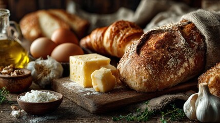 Rustic charm composition of fresh bakery, cheese, eggs and natural ingredients