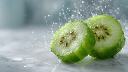 Slices of fresh green cucumber splashed with water on marble surface