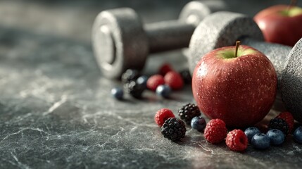 Healthy lifestyle with fitness equipment and fresh fruit for a balanced diet