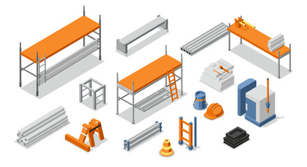 Construction equipment and materials isometric design set with scaffolding and tools