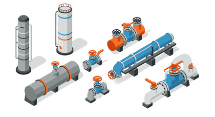 Industrial pipelines and machinery set in isometric design for engineering projects