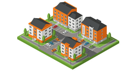 Isometric urban apartment complex with parking and landscaping