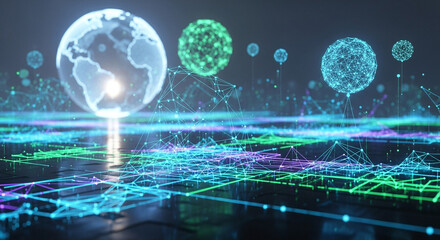 A futuristic digital landscape with glowing globes and interconnected networks, symbolizing global connectivity and technological advancement
