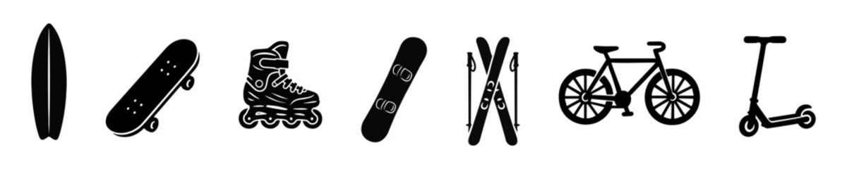 action sports gear silhouette icons ,surfboard, skateboard, rollerblades, skis