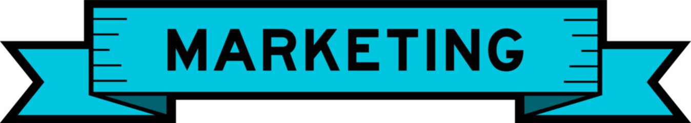 Ribbon label banner with word marketing in blue color on white background