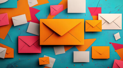 Brightly colored envelopes various sizes and shapes are scattered across vibrant blue background, creating lively and dynamic composition. mix of orange, pink, and white envelopes adds playful