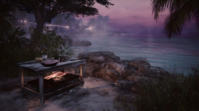 A beachside barbecue at twilight with fish grilling over an open fire under a purple sky - Powered by Adobe