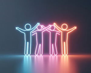 Neon paper cutout figures celebrating together with raised arms, creating vibrant and joyful . colorful lights enhance festive mood