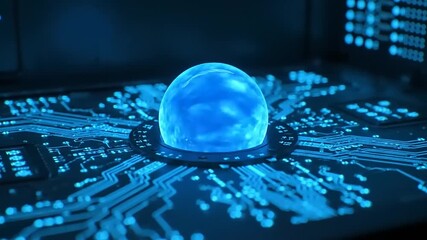 Futuristic Blue Energy Orb Glows on Advanced Circuit Board with Digital Data Display - Powered by Adobe