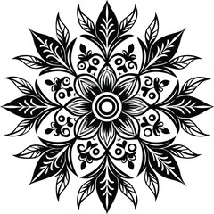 An intricate black and white floral pattern with a vintage damask ornament swirls across a seamless background, creating a retro and elegant vector illustration