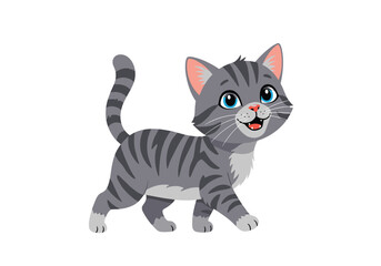A cute grey tabby cat walking with blue eyes.