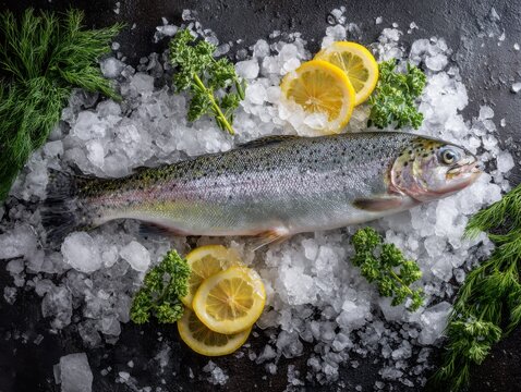 Fresh Sevan trout (Ishkhan) displayed on crushed ice at a fish market.