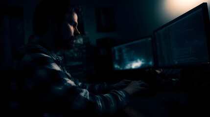 Fototapeta premium A focused programmer works late into the night coding on multiple monitors in a dimly lit room bathed in screen light