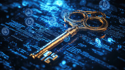 golden key rests on digital background filled with glowing symbols and binary code, symbolizing security and technology. mystical aura sense of mystery and intrigue