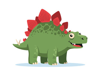 Fototapeta premium A friendly green dinosaur with red plates on its back and tail is walking.