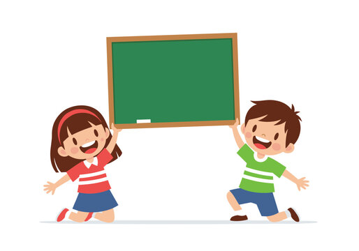 Two happy children holding a green blackboard with a chalk.