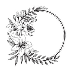 Elegant Floral Circle Frame with Hand-Drawn Flowers and Leaves – Black and White Line Art Border