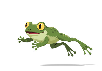 Obraz premium A happy green frog is leaping through the air with its legs extended.