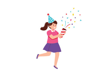 Fototapeta premium A young girl in a party hat celebrates with a party popper.