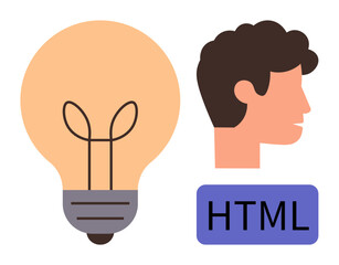 Light bulb symbolizing innovation, abstract human profile, and HTML tag representing coding. Ideal for creativity, technology, web design, programming, innovation education brainstorming. Simple