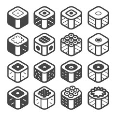 Set of sixteen isometric sushi roll icons in dark gray and white food