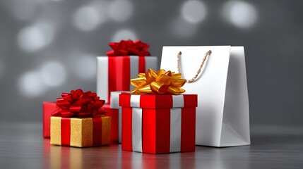 Obraz premium Assortment of beautifully wrapped holiday gifts in red and gold colors, with a decorative shopping bag, conveying the spirit of the Christmas season and retail shopping experience.