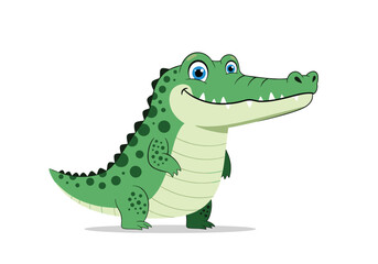 A happy green cartoon alligator stands on a white background.