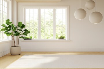 Fototapeta premium Serene Interior Space with Natural Light: A bright, airy interior space features a large window offering scenic views, complemented by a lush plant and minimalist decor.