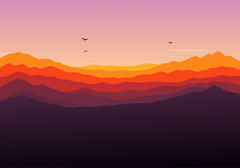 Vibrant minimalist mountain landscape illustration at sunset, showcasing layered peaks under a colorful gradient sky with graceful birds. A serene vector art representation of nature's beauty