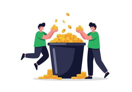Two people happily collecting gold coins from a large bucket.
