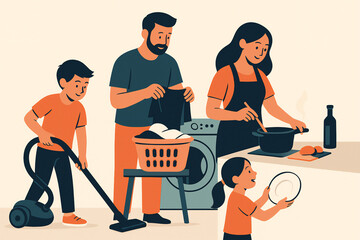 family working together doing house chores cleaning cooking laundry illustration