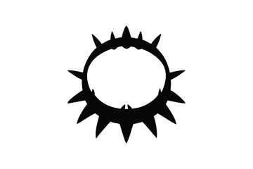 A stark black silhouette of a spiky circular emblem or crest with sharp points radiating outwards against a clean white background