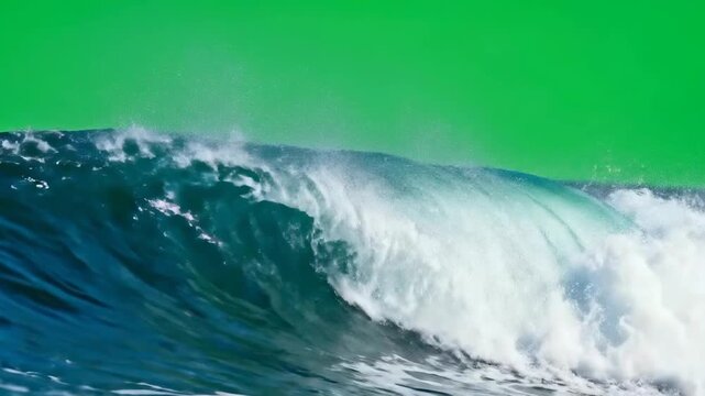 Ocean wave with green screen background. Powerful sea wave crashing against a surreal chroma key sky, ideal for creative video editing and visual effects.