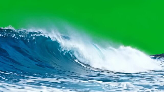 Ocean wave with green screen background. Powerful sea wave crashing against a surreal chroma key sky, ideal for creative video editing and visual effects.