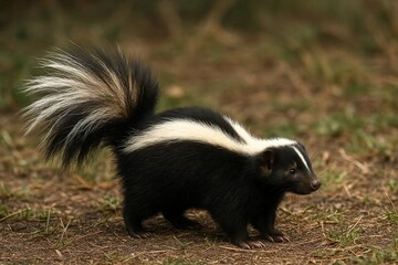 A striped skunk (Mephitis mephitis) standing alert on the ground with its bushy tail raised.


