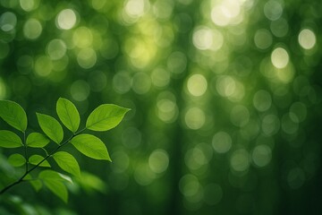 A close-up of fresh green leaves with a beautiful, blurred bokeh background of a sunlit forest.


