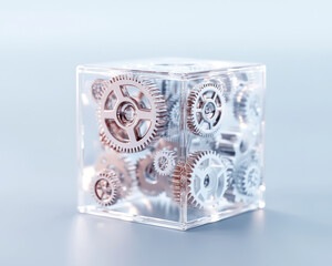 Fototapeta premium Transparent cube with metallic gears inside, symbolizing innovation and engineering. intricate design s beauty of mechanics and technology