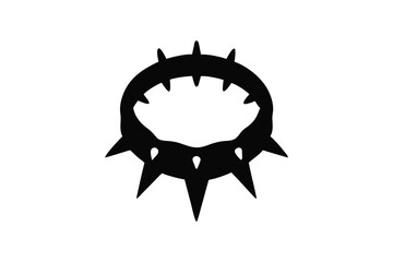 A stark black silhouette of a menacing circular collar with sharp spikes pointing outwards symbolizing danger and aggression presented as a graphic icon silhouette