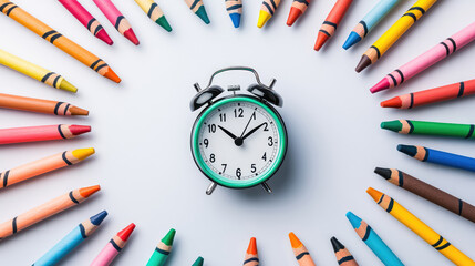 colorful arrangement of crayons surrounds classic alarm clock, symbolizing creativity and time management. This vibrant scene captures essence of playfulness and organization