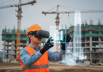 Engineer wearing vr headset and safety vest interacts with a holographic building model at a construction site