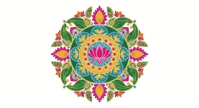 Vibrant traditional Diwali mandala with intricate floral patterns and central lotus flower. Beautiful Deepavali festival of lights design, symbolizing prosperity and good.