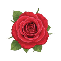 Romantic red rose in full bloom with soft petals and bright green leaves