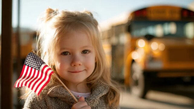 A young girl smiles as she holds a small American flag near a yellow school bus on a bright day