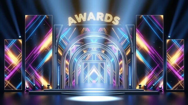 Awards stage with archways and neon lights creating a vibrant and modern presentation backdrop