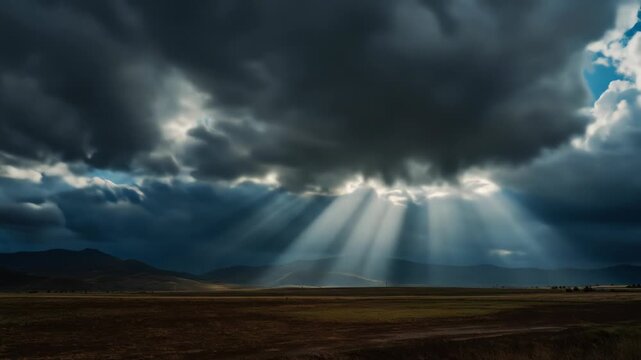 Dramatic landscape features dark, ominous clouds, with light shafts illuminating a field and distant mountains. The ground is brown