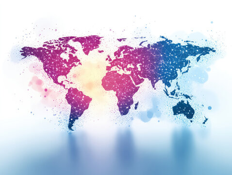 colorful world map with network of connected lines, representing global connectivity and technology. vibrant colors blend from pink to blue, creating modern and dynamic visual - Powered by Adobe